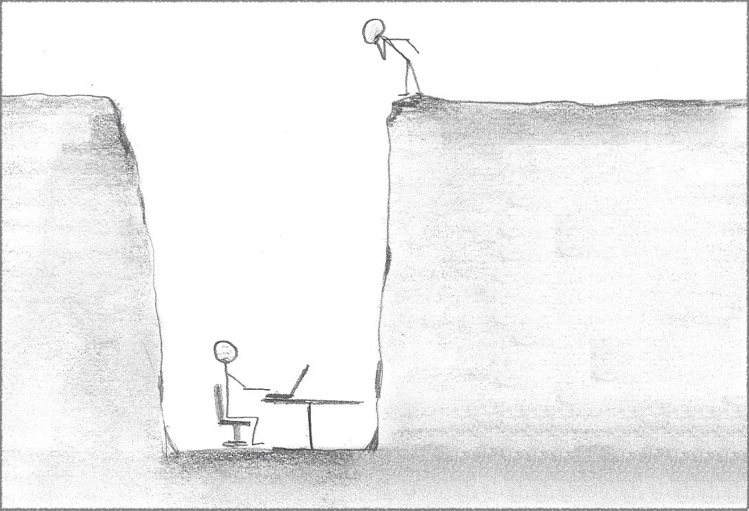 Sticky-figure drawing of person looking down a deep hole, from where a software developer works in front of a laptop on a desk.