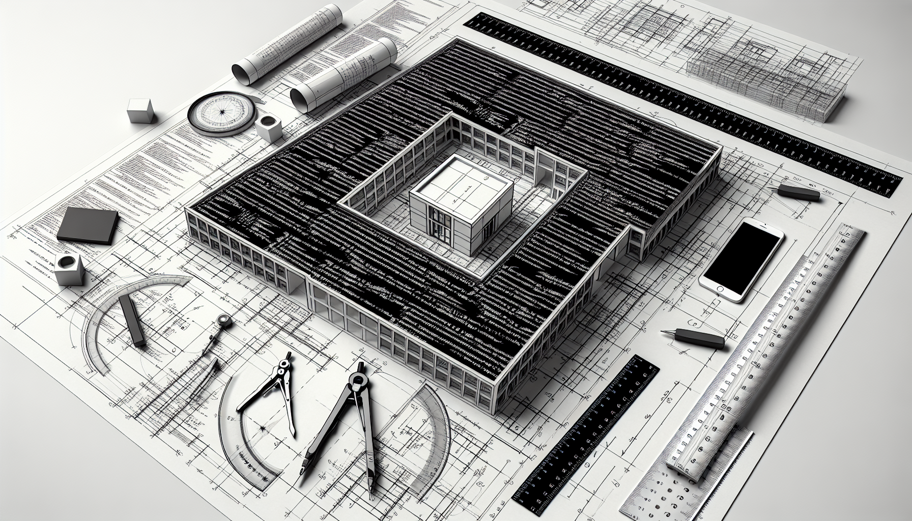 An architectural blueprint surrounded by technical drawing instruments. The blueprint contains a screen raising from its center, containing text resembling the source code of an application.