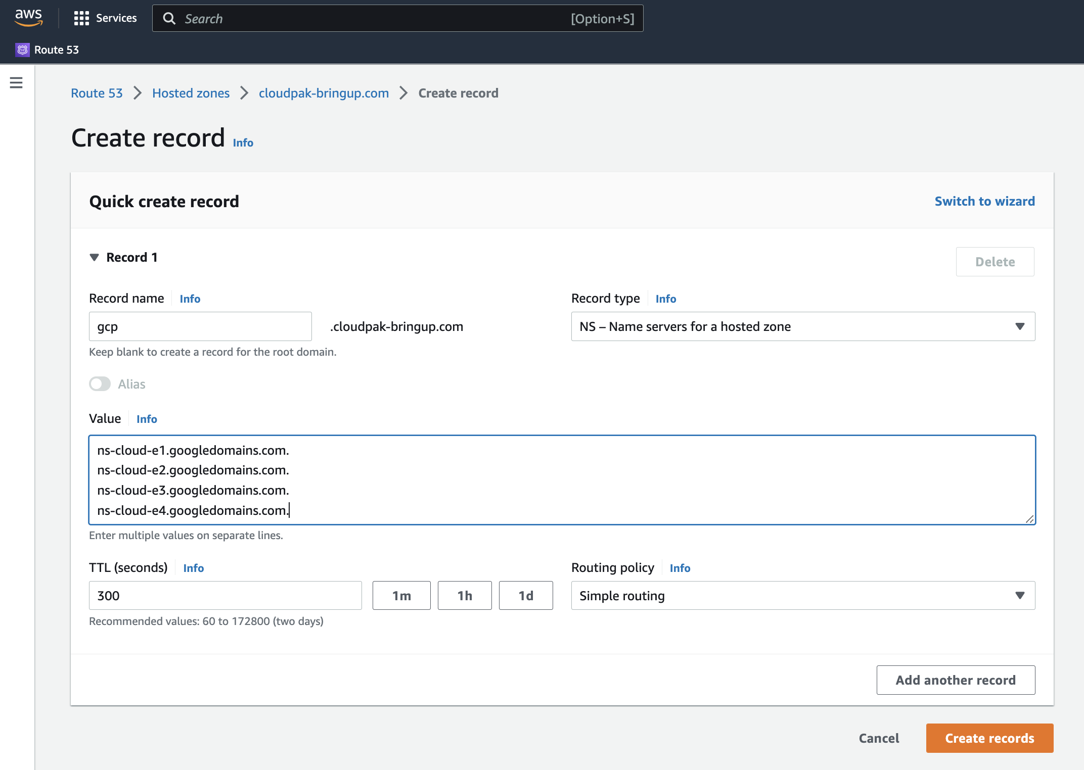 Screenshot of the creation panel for the NS record in the "Route 53" portion of the AWS console