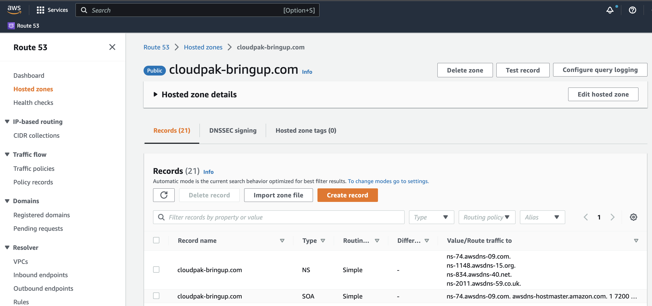 Screenshot of the "Hosted zone" in the "Route 53" panel of the AWS console