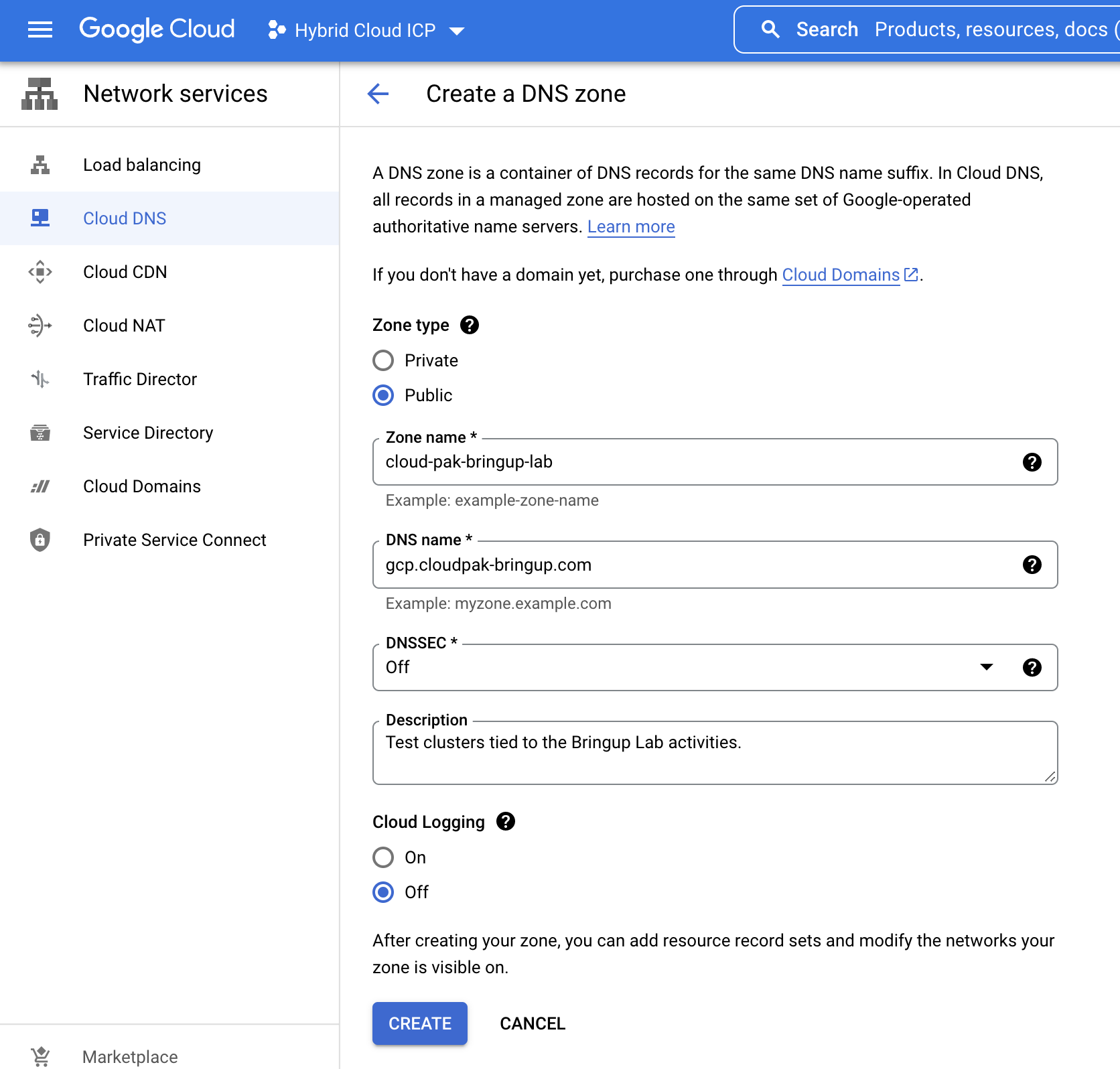 Screenshot of the form titled "Create a DNS zone" in the GCP console, containing fields "Zone type" and "Zone name" fields.