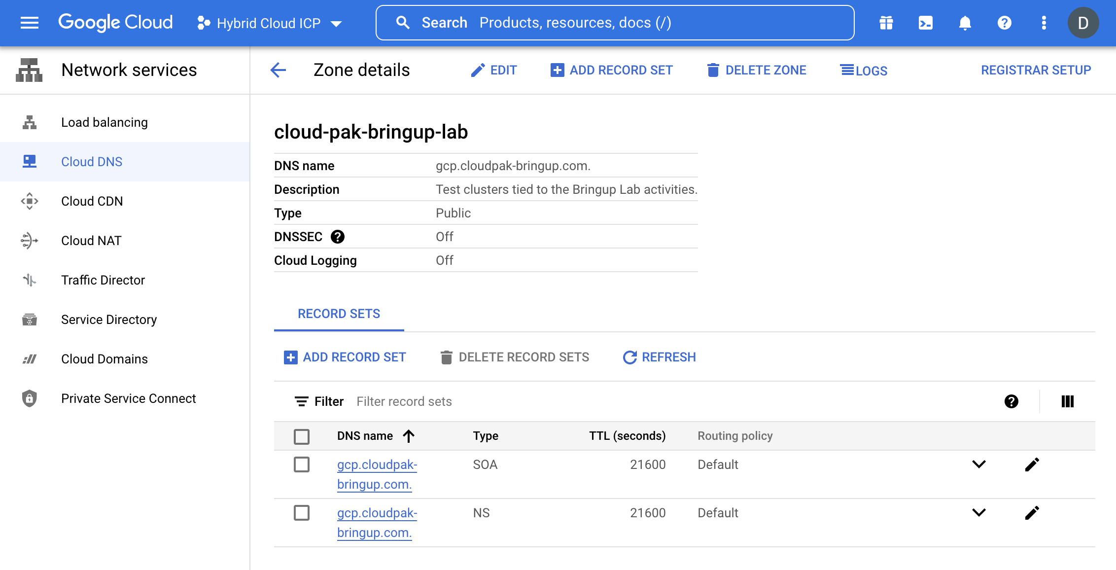 Screenshot of "Cloud DNS zone" in the "Network services" panel of the GCP console