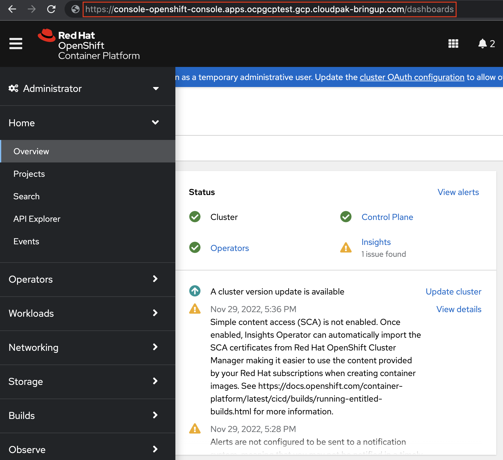 Screenshot of web browser showing the host name of the OpenShift Container Platform console hosted in the new DNS sub-domain