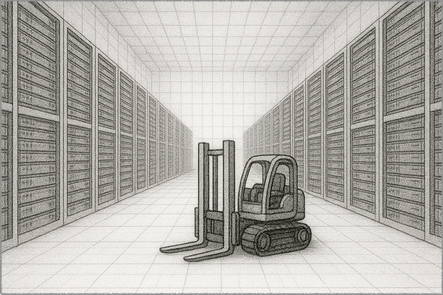 A wide-frame pencil sketch of a tiny forklift inside a vast, grid-lined data center with several rows efficiently and tightly packed with computer racks. Everything looks neat and organized.