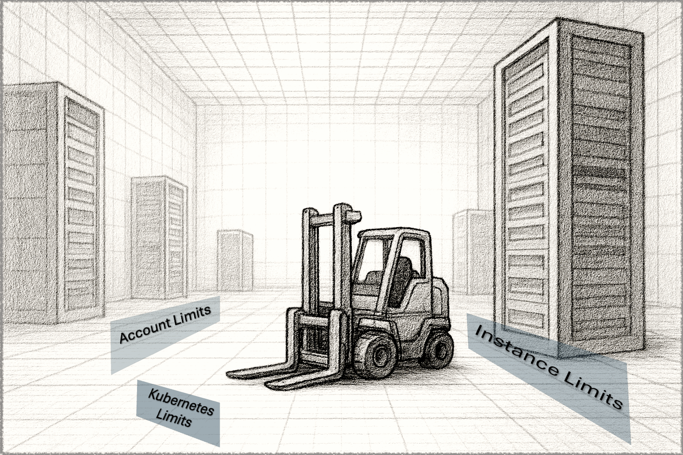 A wide-frame pencil sketch of a robotic forklift inside a vast, grid-lined data center with few computer racks. The computer racks dovetail with each other as pieces of a puzzle. The forklift is tiny in comparison to the room. There are small wall-like obstacles around the forklift, labeled "Kubernetes Limits," "Account Limits," and "Instance Limits"
