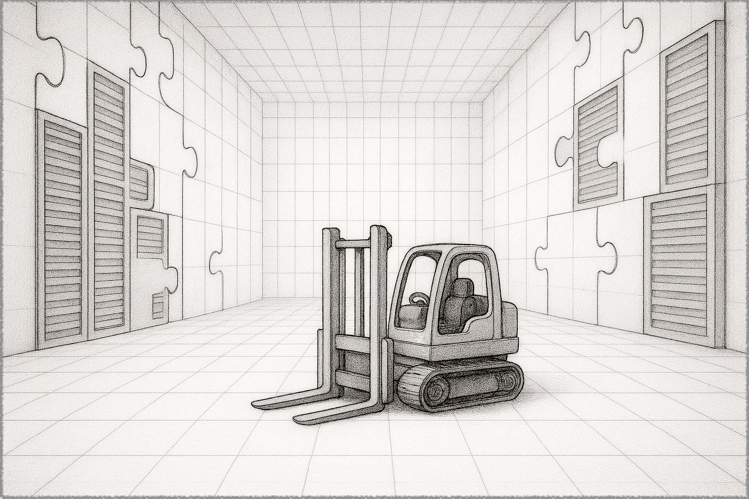 A wide-frame pencil sketch of a robotic forklift inside a vast, grid-lined data center with few computer racks. The computer racks dovetail with each other as pieces of a puzzle. The forklift is tiny in comparison to the room.