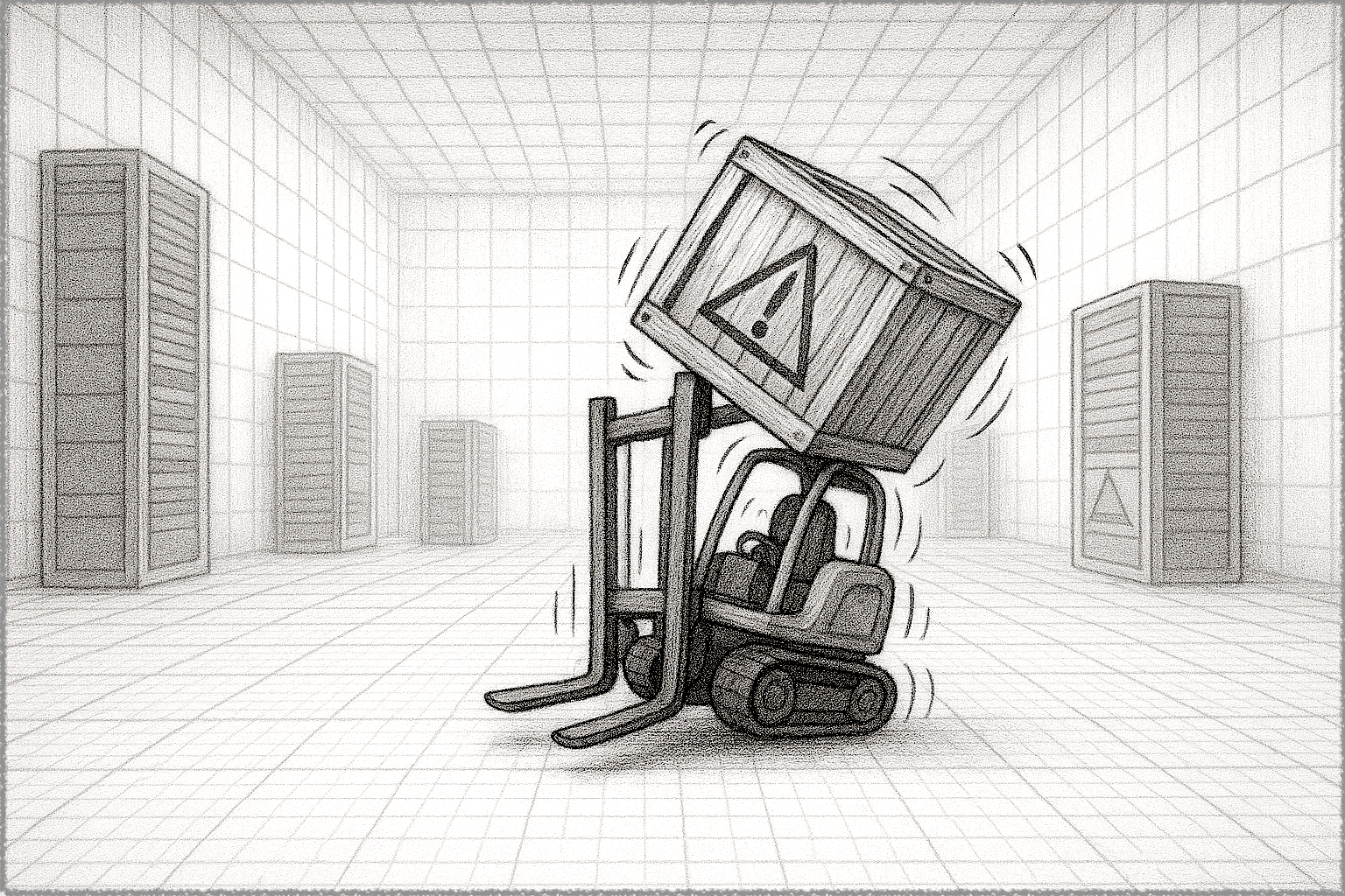 A wide-frame pencil sketch of a tiny forklift inside a vast, grid-lined data center with few computer racks. The forklift is wobbling under the weight of a large crate with a hazardous sign on its side.