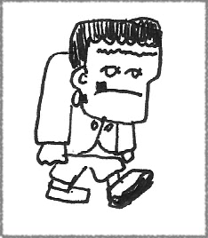 Drawing of a tiny Frankenstein monster walking towards the right edge of the screen.
