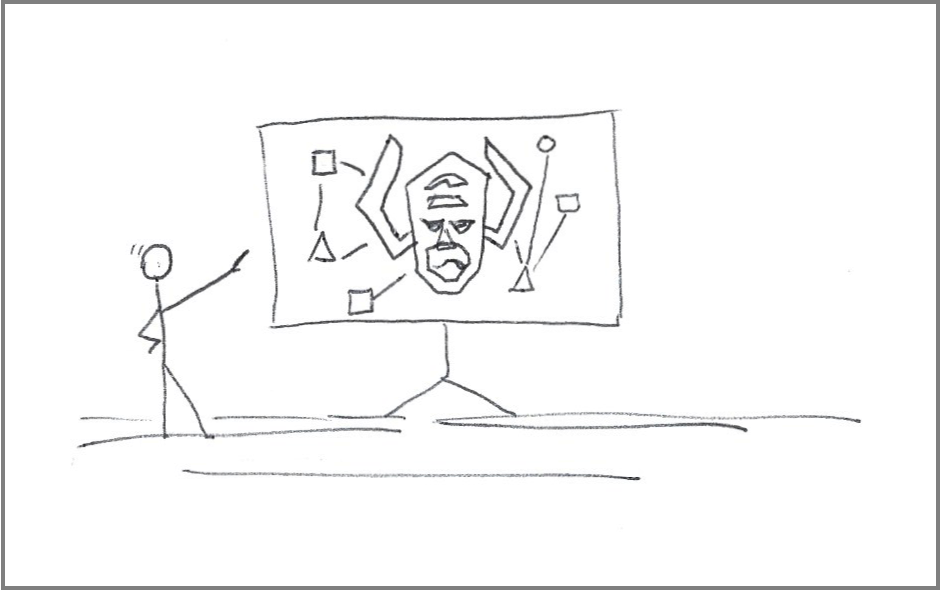 Stick figure stands by whiteboard with schematic drawing of a system architecture. One of the components is the face of animated character Galactus.