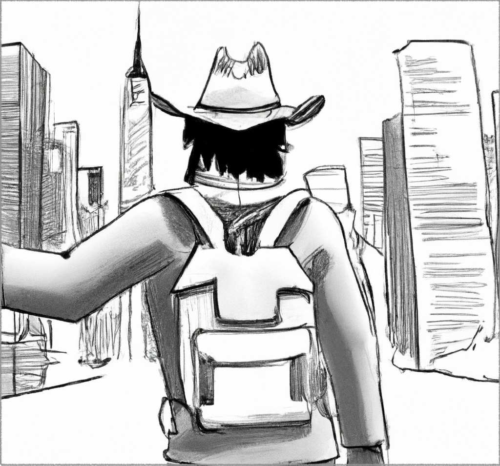 AI Prompt: An explorer arriving at a densely populated big city dressed in the style of a software developer is seen from the perspective of someone standing behind the explorer. Use a drawing style.