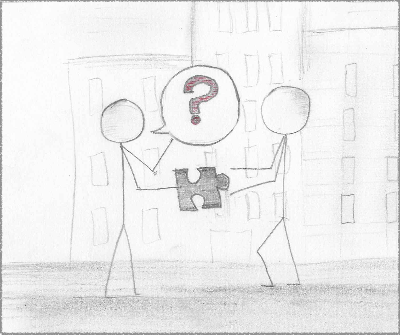 Sticky figure style drawing of a person asking another person for help with a small puzzle.