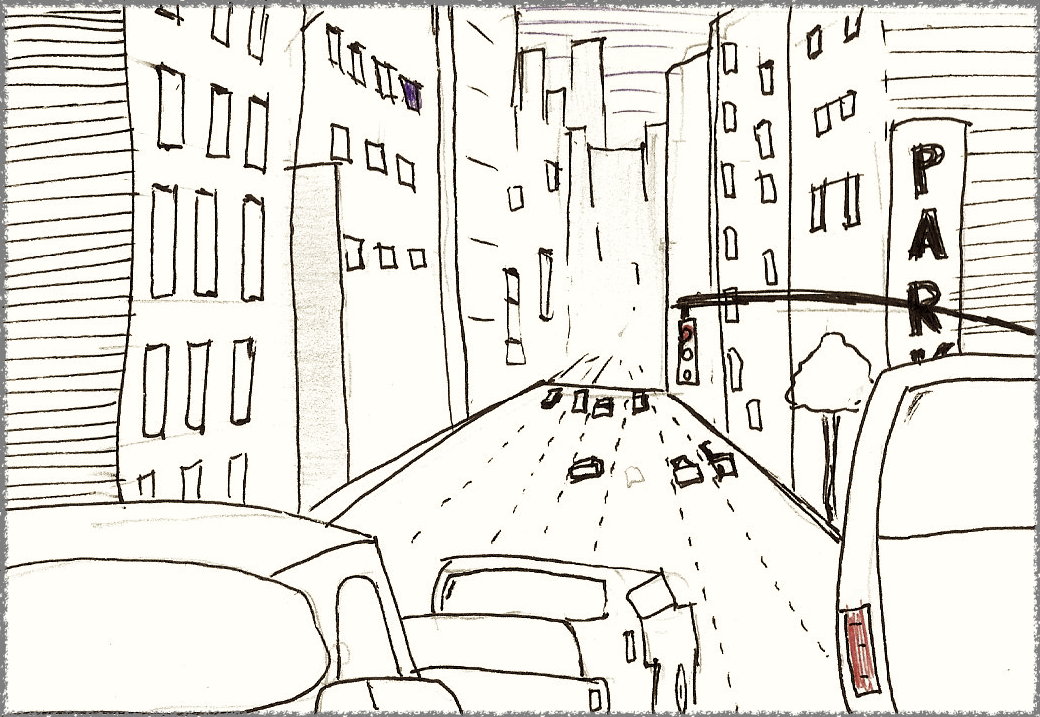 Drawing of city street in perspective, lined with tall buildings on both sides and full of cars and street lights in the center.