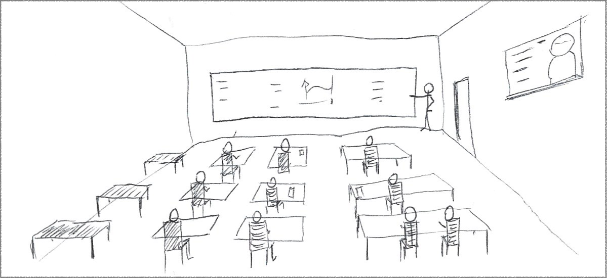 View of classroom from the perspective of someone standing in the back. There are several rows of desks with students seated and looking at a whiteboard while an instructor points at the writing on the board.