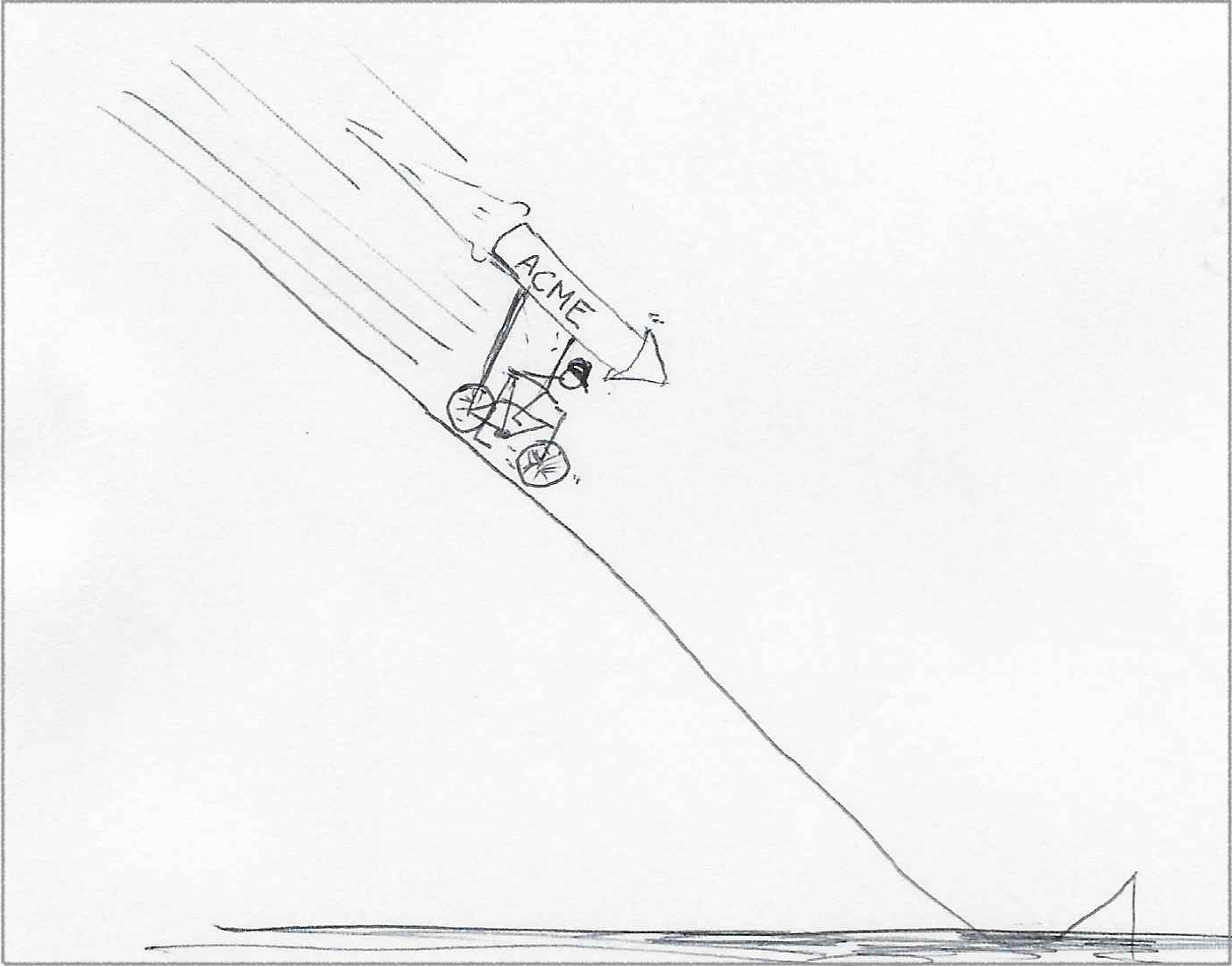 Kid riding a bicycle down a 45-degree incline with an ACME rocket strapped to the bicycle. There is a ramp at the end of the incline.