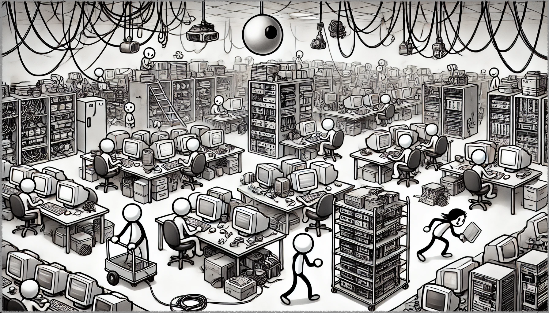 A black-and-white cartoon-style image illustrating a software development office from the early 2000s. The office has stick-figure senior developers at their desks surrounded by a 'computing sprawl' of desktop computers, mid-range servers under their desks, and large, high-powered test servers in a secure area nearby.