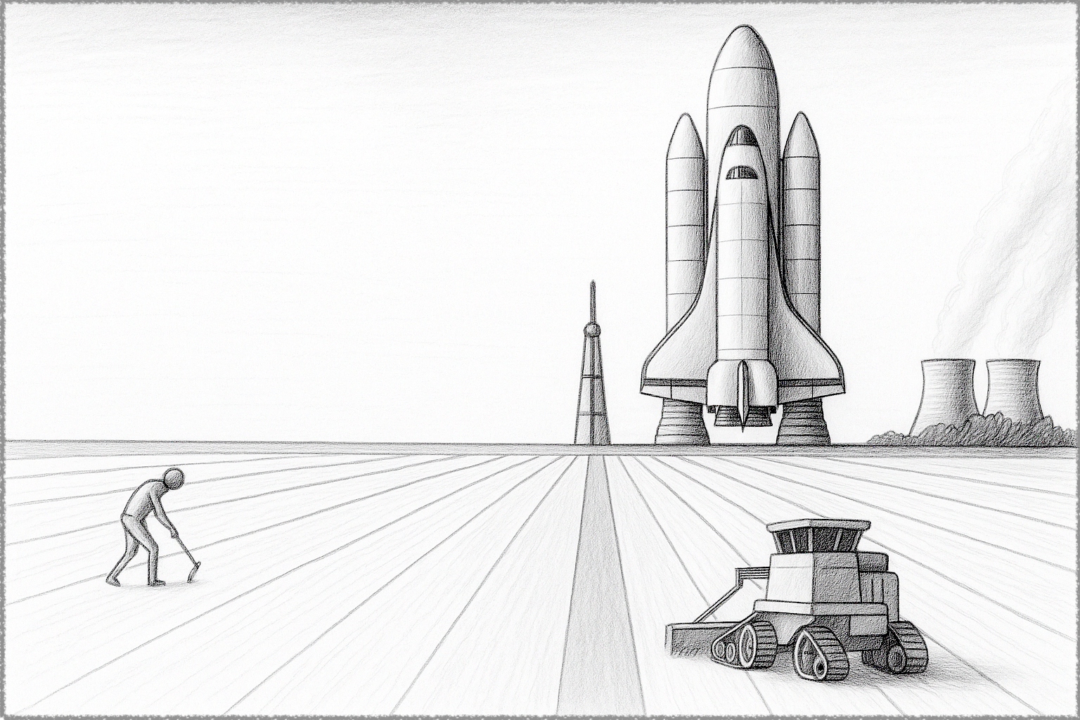 First-person perspective with the horizon line in the background. On the left, a man works in the field with a rake. On the right, a NASA space shuttle rocket stands in the distance on a takeoff pad with two nuclear power cooling towers.